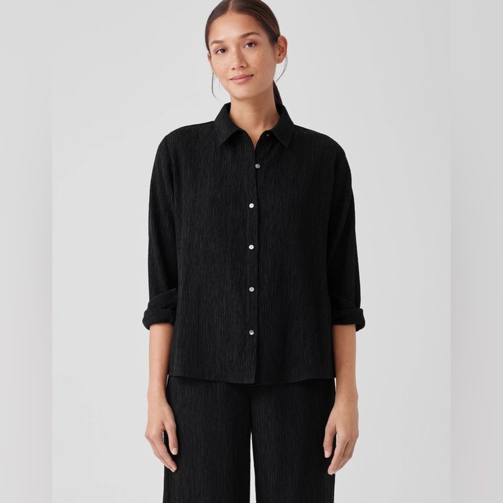 NWT Eileen Fisher Woven Plissé Classic Collar Shirt - Picture 2 of 8